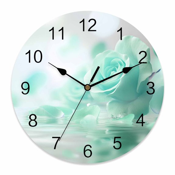Wall Clock Turquoise Rose Clocks PVC Silent Non-Ticking Battery Operated Decorative Dreamy Petals Water Round Clock for Home Living Room Kitchen Bedroom Office School Wall Decor 10 Inch