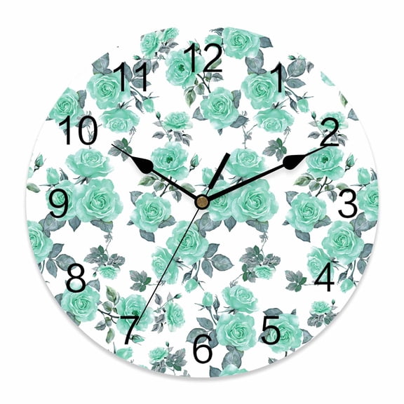 Wall Clock Turquoise Rose Clocks PVC Silent Non-Ticking Battery Operated Decorative Flower Grey Round Clock for Home Living Room Kitchen Bedroom Office School Wall Decor 10 Inch