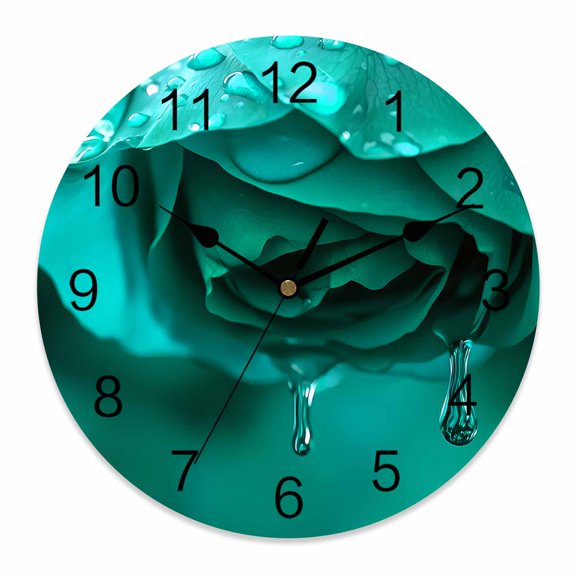 Wall Clock Turquoise Rose Clocks PVC Silent Non-Ticking Battery Operated Decorative Nature Water Drops Round Clock for Home Living Room Kitchen Bedroom Office School Wall Decor 10 Inch
