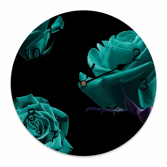 Wall Clock Turquoise Rose Clocks PVC Silent Non-Ticking Battery Operated Decorative Vintage Flower Garden Round Clock for Home Living Room Kitchen Bedroom Office School Wall Decor 10 Inch