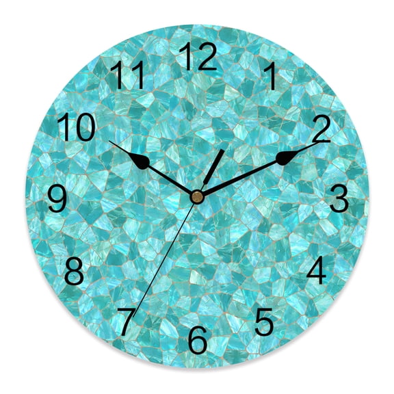 Wall Clock Turquoise Shattered Glass Pattern Clocks PVC Silent Non-Ticking Battery Operated Coastal Shiny Tile Round Clock for Home Living Room Kitchen Bedroom Office School Wall Decor 14 Inch