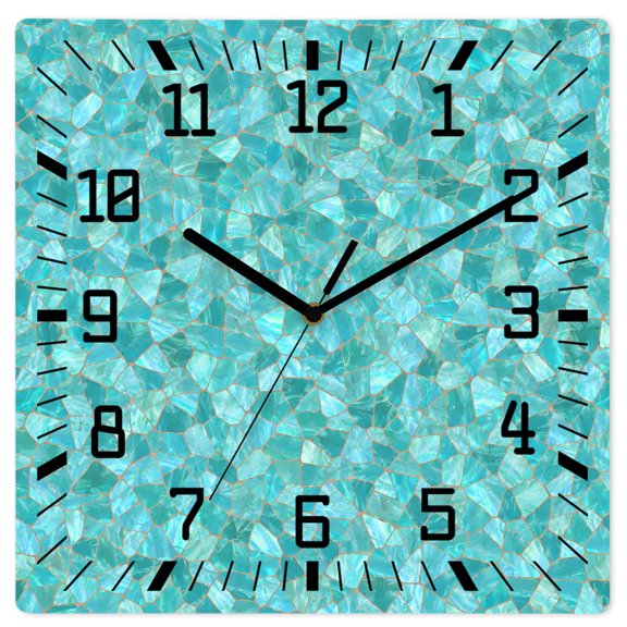 Wall Clock Turquoise Shattered Glass Pattern Operated Square Clocks Wooden Silent Non-Ticking Wallclock 12 Inch Coastal Shiny Tile Wood Wall Clock for Living Room Bedroom Office Shool Home Decor