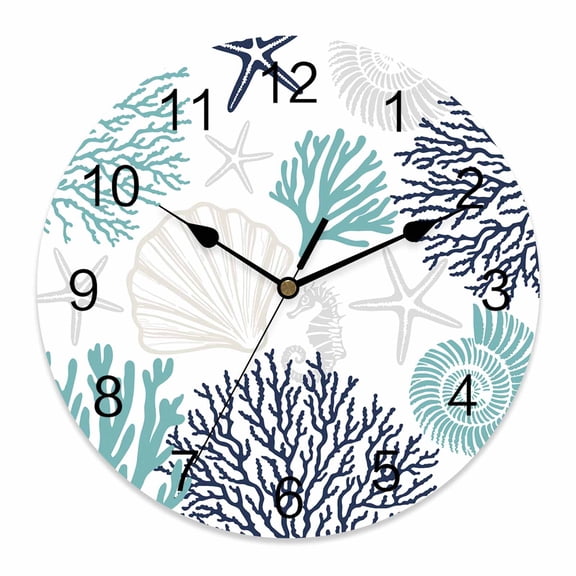 Wall Clock Turquoise Shell Clocks PVC Silent Non-Ticking Battery Operated Decorative Starfish Coral Marine Life Round Clock for Home Living Room Kitchen Bedroom Office School Wall Decor 10 Inch