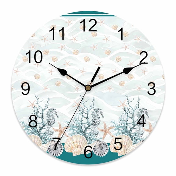 Wall Clock Turquoise Starfish Clocks PVC Silent Non-Ticking Battery Operated Decorative Coral Shell Marine Life Round Clock for Home Living Room Kitchen Bedroom Office School Wall Decor 10 Inch