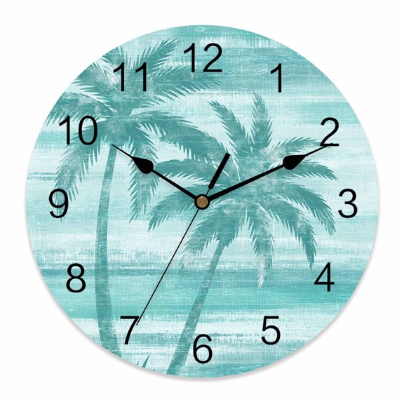 Wall Clock Turquoise Summer Palm Tree Clocks PVC Silent Non-Ticking Battery Operated Tropical Leaves Plant Round Clock for Home Living Room Kitchen Bedroom Office School Wall Decor 10 Inch