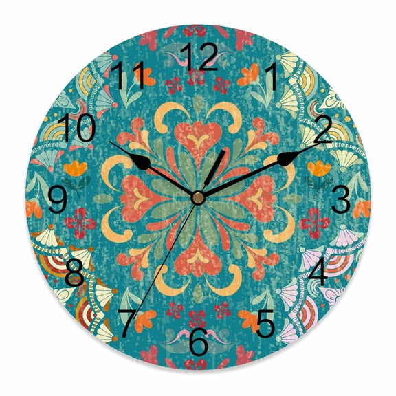 Wall Clock Turquoise Turkish Pattern Clocks PVC Silent Non-Ticking Battery Operated Decorative Vintage Abstract Flower Round Clock for Home Living Room Kitchen Bedroom Office Wall Decor 10 Inch