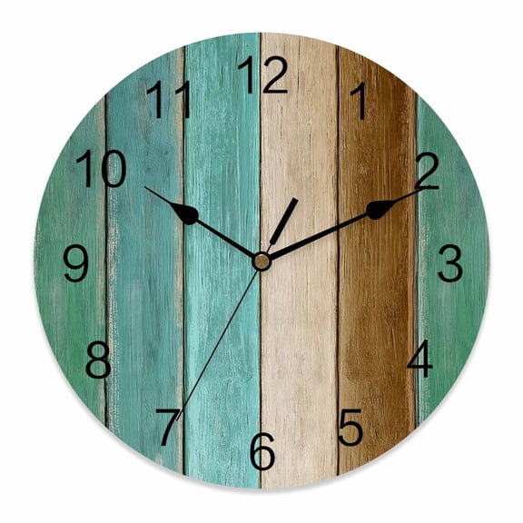 Wall Clock Turquoise Wood Grain Clocks PVC Silent Non-Ticking Battery Operated Decorative Brown Wooden Plank Round Clock for Home Living Room Kitchen Bedroom Office School Wall Decor 14 Inch
