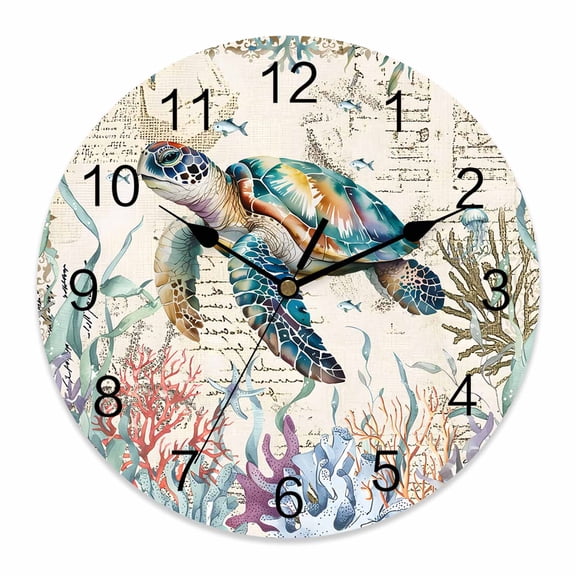 Wall Clock Turtle Clocks PVC Silent Non-Ticking Battery Operated Decorative Ocean Starfish Coral Seagrass Retro Round Clock for Home Living Room Kitchen Bedroom Office School Wall Decor 14 Inch