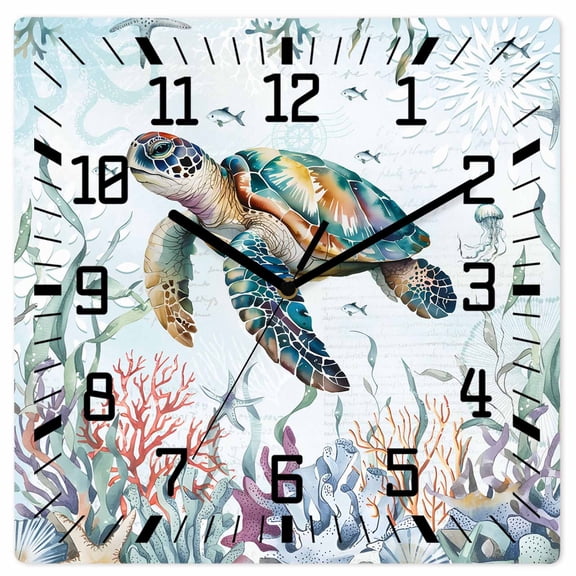 Wall Clock Turtle Operated Square Clocks Wooden Silent Non-Ticking Wallclock 12 Inch Ocean Starfish Coral Seagrass Wood Wall Clock for Living Room Bedroom Office Shool Home Decor