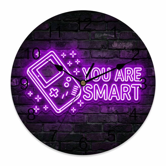 Wall Clock Video Game Clocks PVC Silent Non-Ticking Battery Operated Decorative Purple Shiny Gaming Playing Gamer Round Clock for Home Living Room Kitchen Bedroom Office School Wall Decor 12 Inch