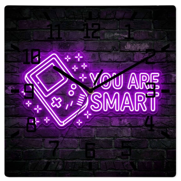 Wall Clock Video Game Operated Square Clocks Wooden Silent Non-Ticking Wallclock 12 Inch Purple Shiny Gaming Playing Gamer Wood Wall Clock for Living Room Bedroom Office Shool Home Decor