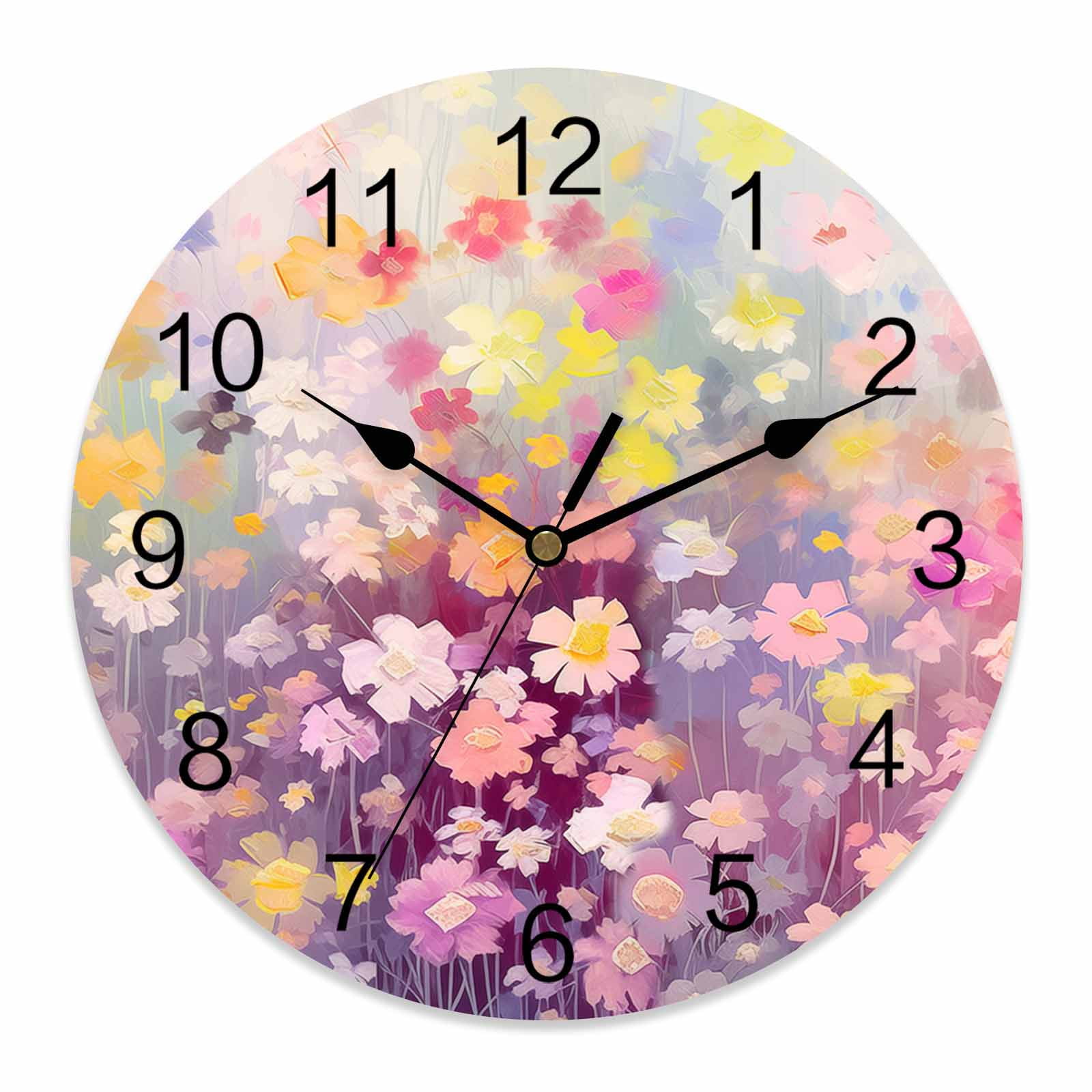 Wall Clock Watercolor Flower Floral Clocks PVC Silent Non-Ticking ...