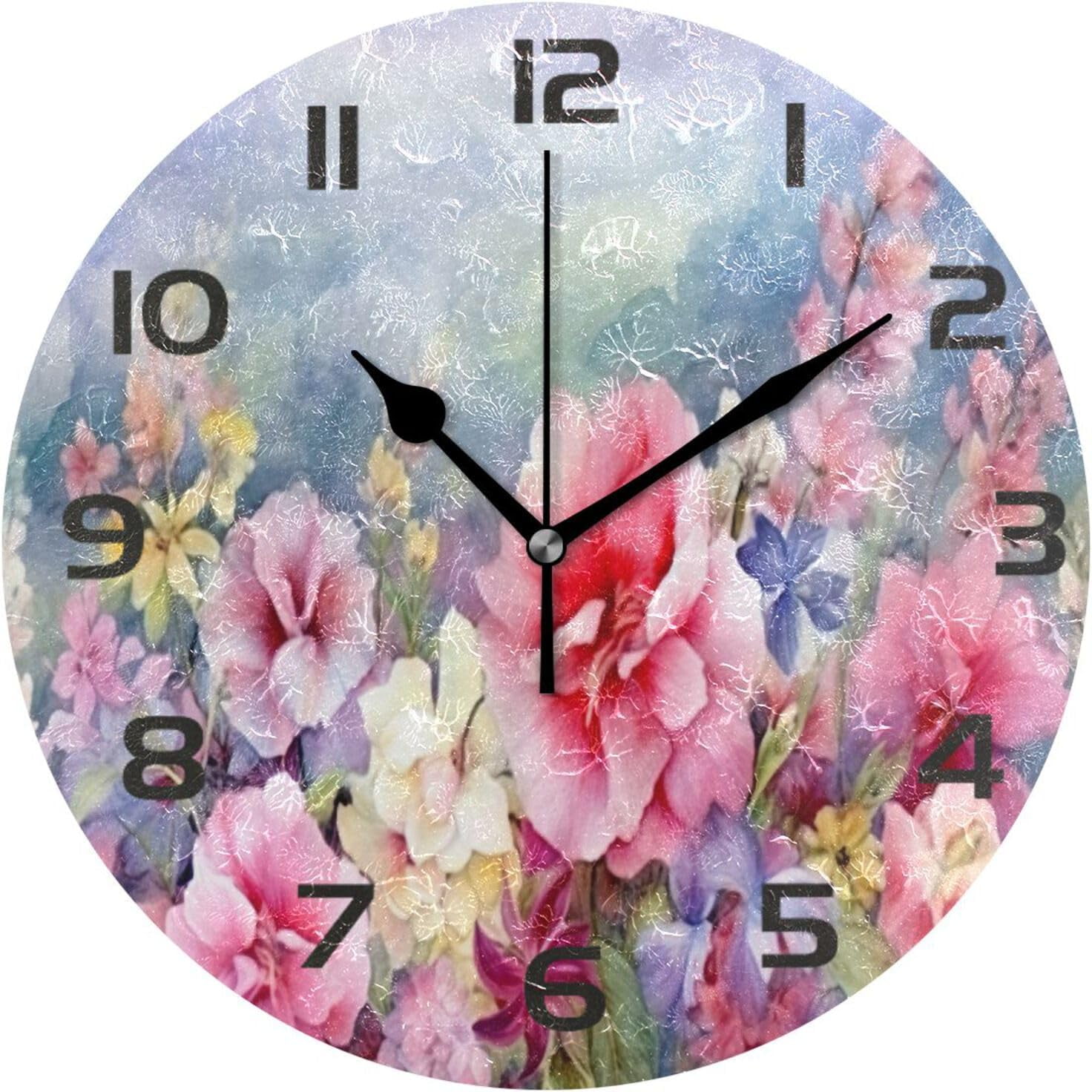 Wall Clock Watercolor Flowers 10 Inch Silent Non Ticking Quality Quartz ...