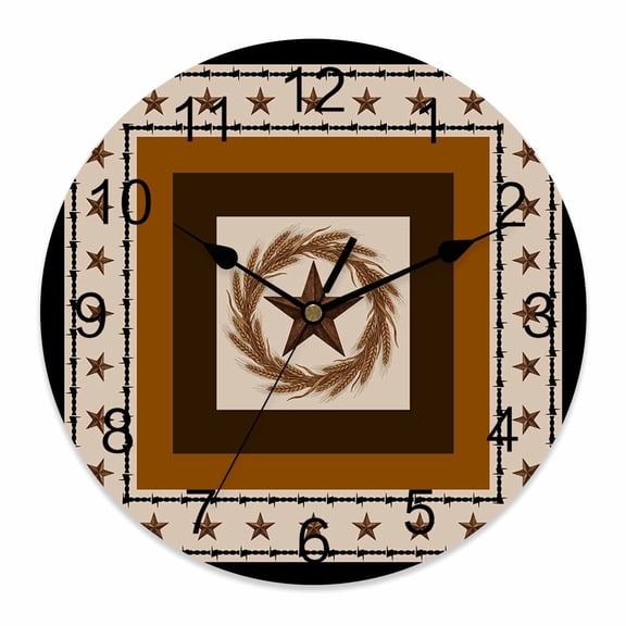 Wall Clock Weatern Texas Star Brown Clocks PVC Silent Non-Ticking Battery Operated Decorative Rustic Wheat Ears Round Clock for Home Living Room Kitchen Bedroom Office School Wall Decor 10 Inch