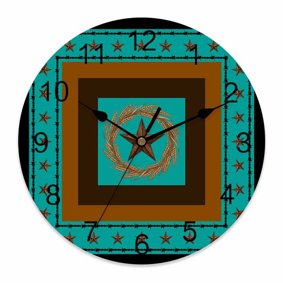 Wall Clock Weatern Texas Star Turquoise Clocks PVC Silent Non-Ticking Battery Operated Decorative Rustic Wheat Ears Round Clock for Home Living Room Kitchen Bedroom Office School Wall Decor 10 Inch