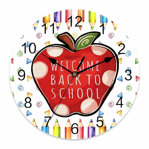 Wall Clock Welcome Back To School Season Clocks PVC Silent Non-Ticking Battery Operated Decorative Colorful Pencil Round Clock for Home Living Room Kitchen Bedroom Office School Wall Decor 10 Inch