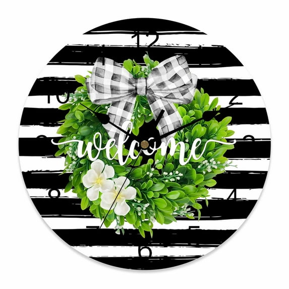 Wall Clock Welcome Bow Tie Wreath Clocks PVC Silent Non-Ticking Battery Operated Decorative Flower Farmhouse Black Stripes Round Clock for Home Living Room Kitchen Bedroom Office Wall Decor 10 Inch