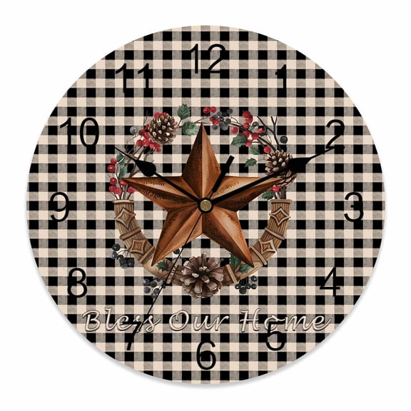 Wall Clock Western Barn Stars Berry Clocks PVC Silent Non-Ticking Battery Operated Decorative Bless This Home Black Plaid Round Clock for Home Living Room Kitchen Bedroom Office Wall Decor 10 Inch