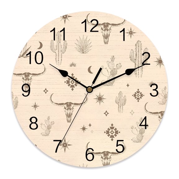 Wall Clock Western Longhorn Skull Clocks PVC Silent Non-Ticking Battery Operated Boho Sunburst Stars Desert Cactus Round Clock for Home Living Room Kitchen Bedroom Office School Wall Decor 10 Inch