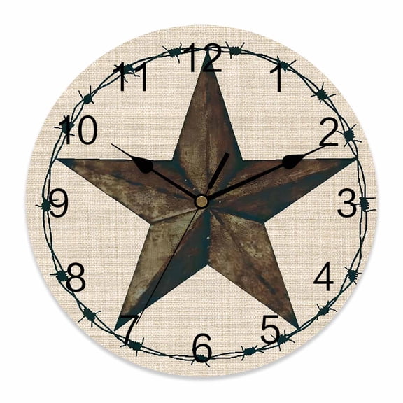 Wall Clock Western Texas Star Barn Clocks PVC Silent Non-Ticking Battery Operated Decorative Rustic Retro Linen Round Clock for Home Living Room Kitchen Bedroom Office School Wall Decor 10 Inch