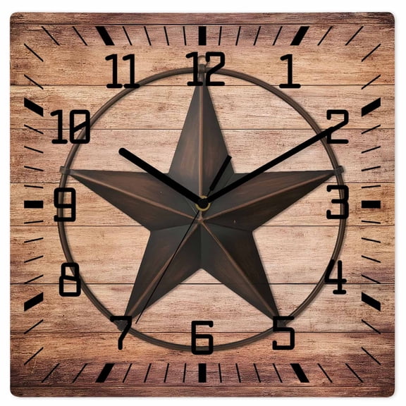 Wall Clock Western Texas Star Barn Operated Square Clocks Wooden Silent Non-Ticking Wallclock 12 Inch Rustic Brown Wood Grain Wood Wall Clock for Living Room Bedroom Office Shool Home Decor