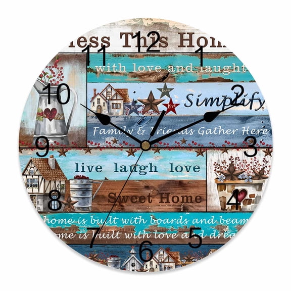 Wall Clock Western Texas Star Wood Clocks PVC Silent Non-Ticking Battery Operated Decorative Farm Bless This Home Round Clock for Home Living Room Kitchen Bedroom Office School Wall Decor 10 Inch