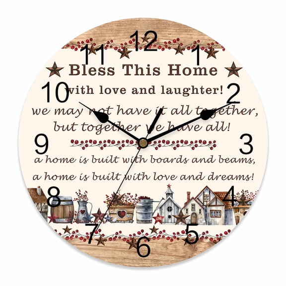 Wall Clock Western Texas Star Wood Clocks PVC Silent Non-Ticking Battery Operated Decorative Red Berry Farmhouse Barn Round Clock for Home Living Room Kitchen Bedroom Office Wall Decor 14 Inch