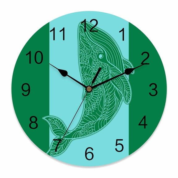 Wall Clock Whale Clocks PVC Silent Non-Ticking Battery Operated Decorative Teal Green Stripes Lines Round Clock for Home Living Room Kitchen Bedroom Office School Wall Decor 10 Inch