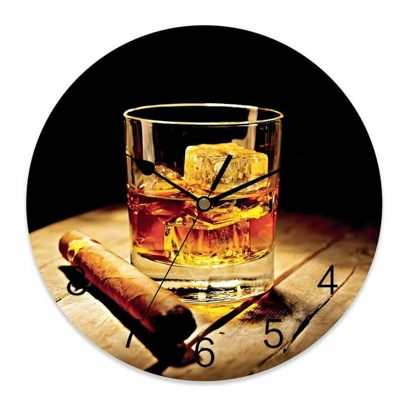 Wall Clock Whisky Glass Clocks PVC Silent Non-Ticking Battery Operated Decorative Wine Cigarettes Wood Round Clock for Home Living Room Kitchen Bedroom Office School Wall Decor 14 Inch