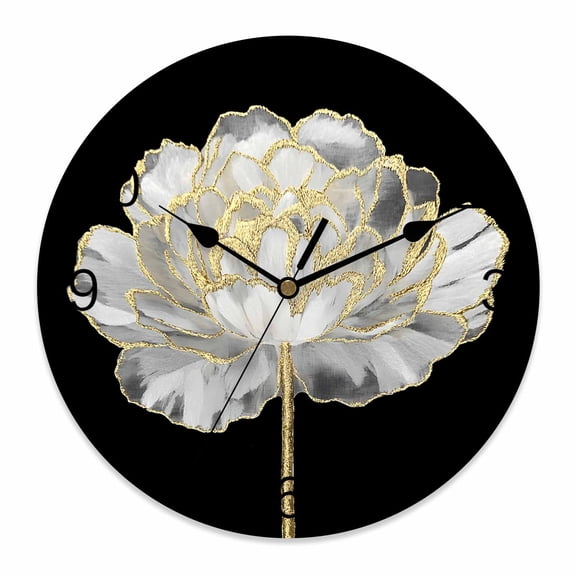 Wall Clock White Black Flower Clocks PVC Silent Non-Ticking Battery Operated Decorative Abstract Floral Golden Round Clock for Home Living Room Kitchen Bedroom Office School Wall Decor 14 Inch