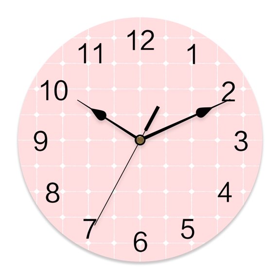 Wall Clock White Dots Grid Lines Clocks PVC Silent Non-Ticking Battery Operated Decorative Intersect Points Pink Plaid Round Clock for Home Living Room Kitchen Bedroom Office Wall Decor 10 Inch