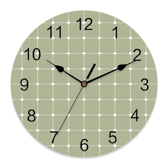Wall Clock White Dots Grid Lines Clocks PVC Silent Non-Ticking Battery Operated Intersect Points Sage Green Plaid Round Clock for Home Living Room Kitchen Bedroom Office Wall Decor 10 Inch