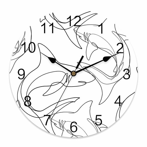 Wall Clock White Ocean Shark Clocks PVC Silent Non-Ticking Battery Operated Decorative Abstract Lines Round Clock for Home Living Room Kitchen Bedroom Office School Wall Decor 10 Inch