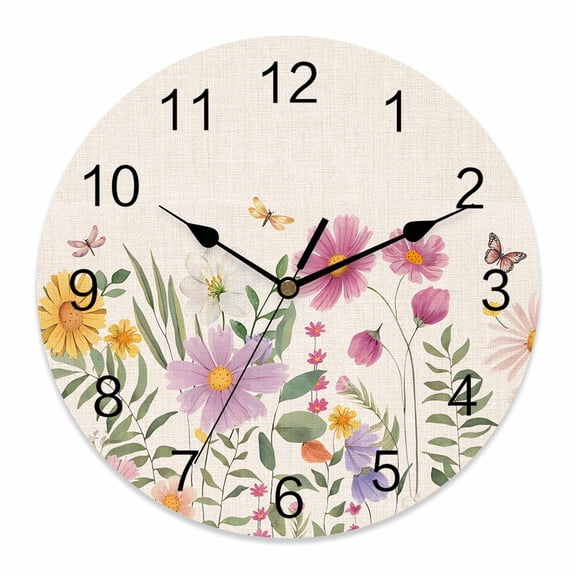 Wall Clock Wild Flowers Clocks PVC Silent Non-Ticking Battery Operated Decorative Farmhouse Butterfly Leaves Linen Round Clock for Home Living Room Kitchen Bedroom Office School Wall Decor 14 Inch
