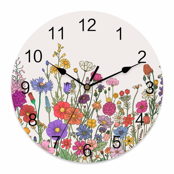 Wall Clock Wildflower Clocks PVC Silent Non-Ticking Battery Operated Decorative Herb Flower Botanical Linen Round Clock for Home Living Room Kitchen Bedroom Office School Wall Decor 10 Inch