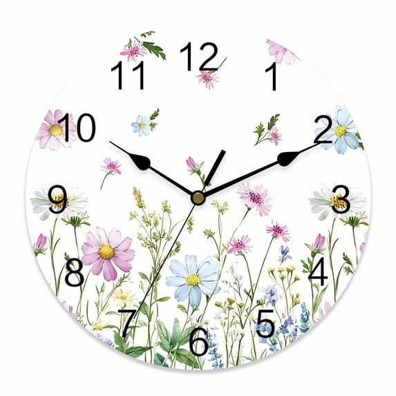 Wall Clock Wildflowers Clocks PVC Silent Non-Ticking Battery Operated Decorative Floral Herbs Fields Round Clock for Home Living Room Kitchen Bedroom Office School Wall Decor 14 Inch