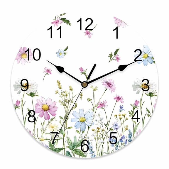 Wall Clock Wildflowers Clocks PVC Silent Non-Ticking Battery Operated Decorative Floral Herbs Fields Round Clock for Home Living Room Kitchen Bedroom Office School Wall Decor 14 Inch