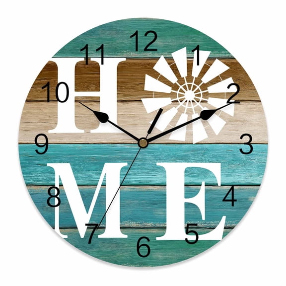 Wall Clock Windmill Home Clocks PVC Silent Non-Ticking Battery Operated Decorative Turquoise Farmhouse Wood Grain Round Clock for Home Living Room Kitchen Bedroom Office School Wall Decor 10 Inch