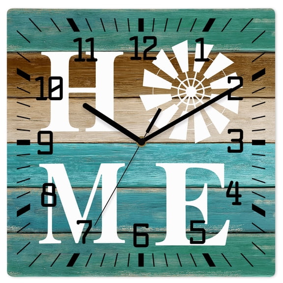Wall Clock Windmill Home Operated Square Clocks Wooden Silent Non-Ticking Wallclock 12 Inch Turquoise Farmhouse Wood Grain Wood Wall Clock for Living Room Bedroom Office Shool Home Decor