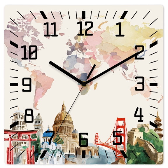 Wall Clock World Map Operated Square Clocks Wooden Silent Non-Ticking Wallclock 10 Inch Famous Building Tourism Bridge Wood Wall Clock for Living Room Bedroom Office Shool Home Decor