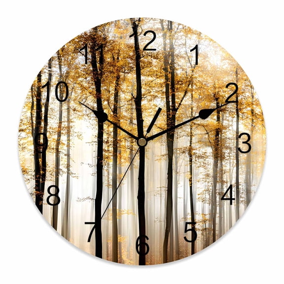Wall Clock Yellow Autumn Maple Forest Clocks PVC Silent Non-Ticking Battery Operated Decorative Misty Forest Trees Round Clock for Home Living Room Kitchen Bedroom Office School Wall Decor 10 Inch