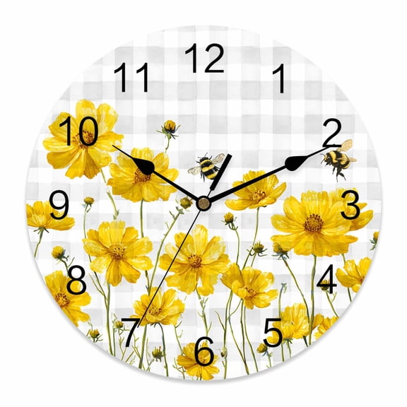 Wall Clock Yellow Floral Clocks PVC Silent Non-Ticking Battery Operated Decorative Flower Bees Grey Buffalo Plaid Round Clock for Home Living Room Kitchen Bedroom Office School Wall Decor 14 Inch