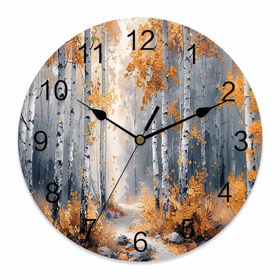 Wall Clock Yellow Forest Plant Clocks PVC Silent Non-Ticking Battery Operated Decorative Tree Illustration Grey Round Clock for Home Living Room Kitchen Bedroom Office School Wall Decor 10 Inch
