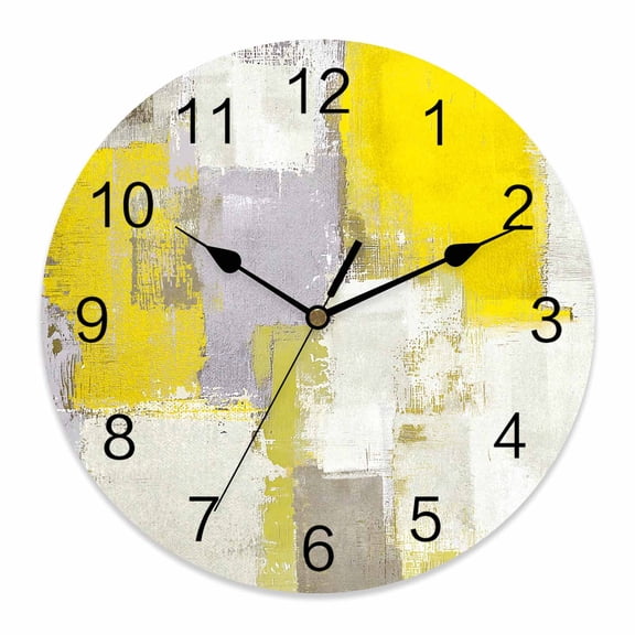 Wall Clock Yellow Gray Block Clocks PVC Silent Non-Ticking Battery Operated Decorative Abstract Art Round Clock for Home Living Room Kitchen Bedroom Office School Wall Decor 10 Inch