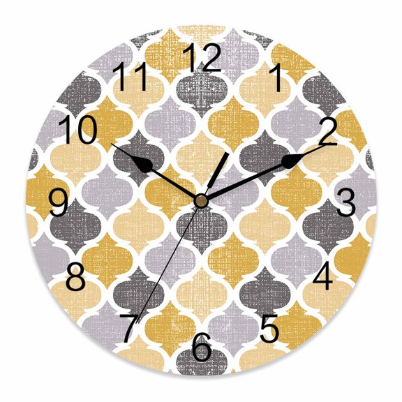 Wall Clock Yellow Gray Moroccan Pattern Clocks PVC Silent Non-Ticking Battery Operated Decorative Retro Geometric Style Round Clock for Home Living Room Kitchen Bedroom Office Wall Decor 10 Inch