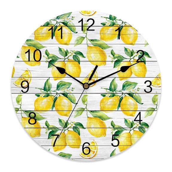 Wall Clock Yellow Lemon Clocks PVC Silent Non-Ticking Battery Operated Decorative Farm Fruit Wood Grain Round Clock for Home Living Room Kitchen Bedroom Office School Wall Decor 14 Inch
