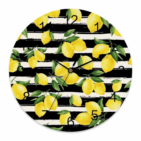 Wall Clock Yellow Lemon Clocks PVC Silent Non-Ticking Battery Operated Decorative Summer Fruit Black Striped Round Clock for Home Living Room Kitchen Bedroom Office School Wall Decor 10 Inch