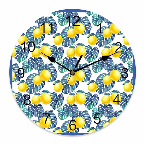 Wall Clock Yellow Lemon Clocks PVC Silent Non-Ticking Battery Operated Decorative Summer Fruit Blue Palm Leaves Round Clock for Home Living Room Kitchen Bedroom Office School Wall Decor 10 Inch