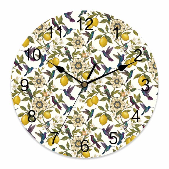 Wall Clock Yellow Lemon Clocks PVC Silent Non-Ticking Battery Operated Decorative Summer Fruit Hummingbird Flower Round Clock for Home Living Room Kitchen Bedroom Office School Wall Decor 10 Inch