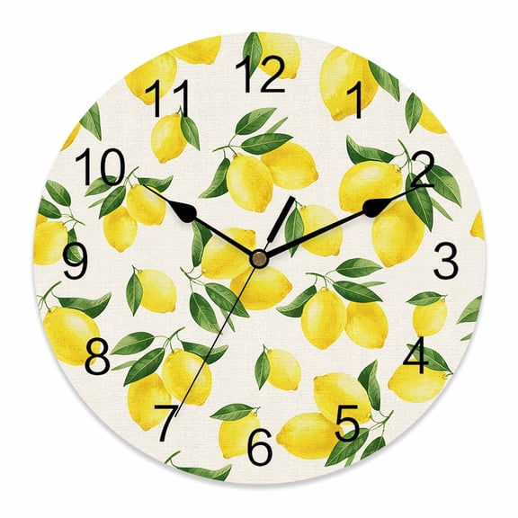Wall Clock Yellow Lemon Clocks PVC Silent Non-Ticking Battery Operated Decorative Summer Fruit Linen Round Clock for Home Living Room Kitchen Bedroom Office School Wall Decor 10 Inch
